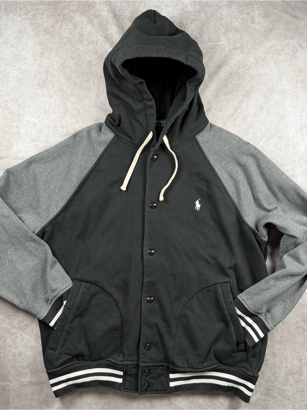 Polo Ralph Lauren Men’s Hooded Varsity Jacket Black Gray Large